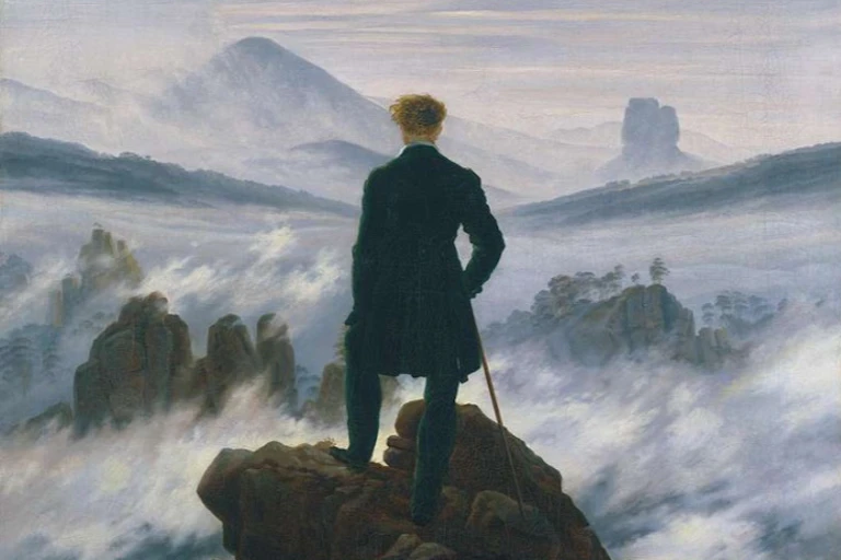 _Le Voyageur contemplant une mer de nuages_, tableau de Caspar David Friedrich, peintre romantique allemand (1818).
