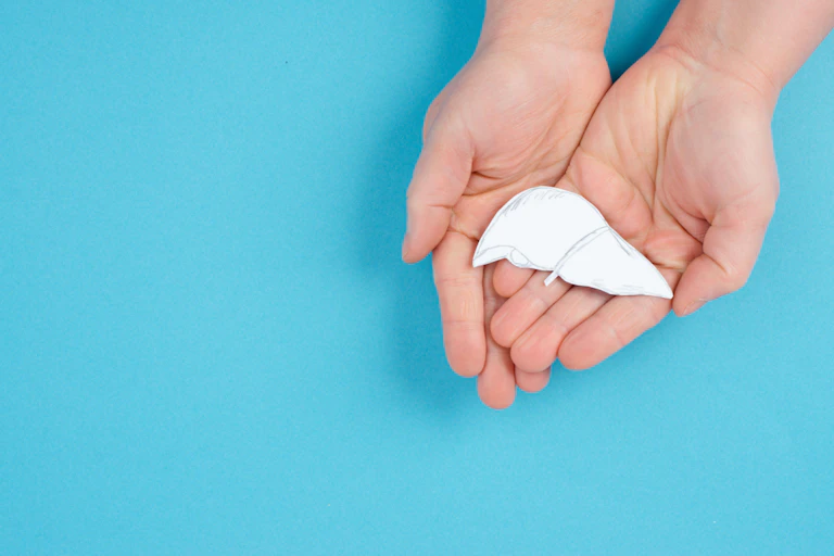 Two hands holding a paper cut-out of a liver