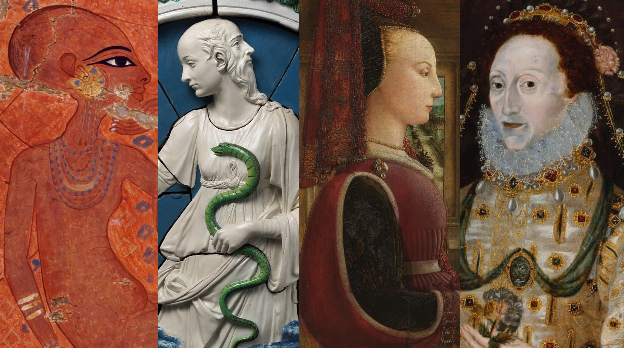 Four examples of hairless women in art including ancient Egypt and Queen Elizabeth I