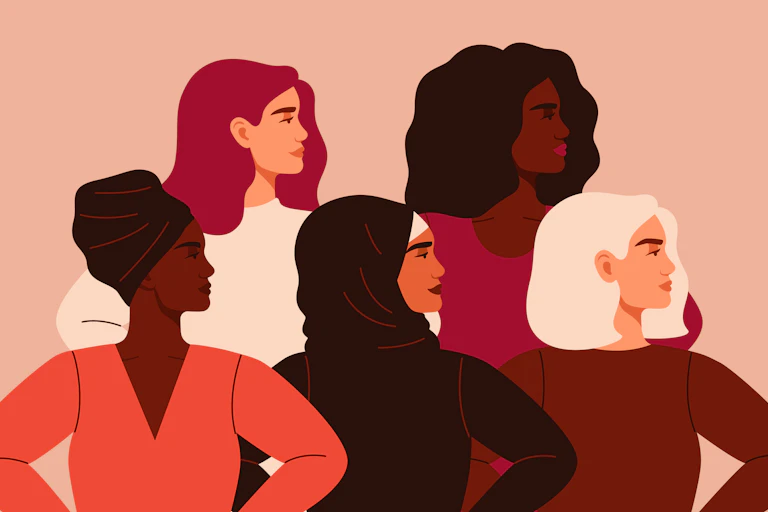 illustration in varying shades of pink and brown of five women of different ethnicities, all looking to their left in confidence