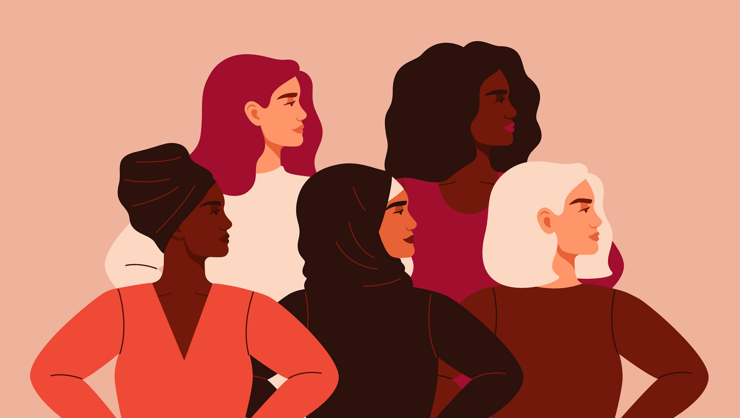 illustration in varying shades of pink and brown of five women of different ethnicities, all looking to their left in confidence