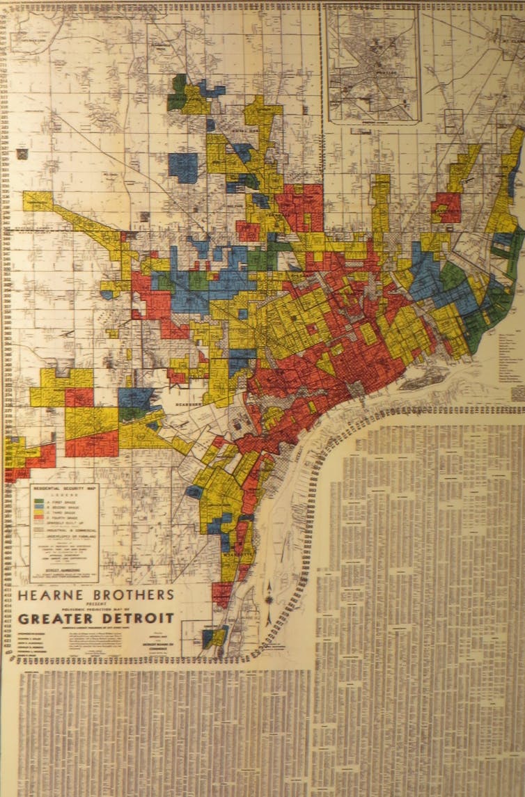 The 1939 Home Owners' Loan Corporation map of metropolitan Detroit showing redlined areas in the inner city.