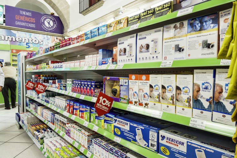 Asthma medication is seen on the shelves of a Mexican pharmacy.