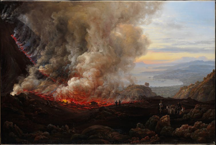 Painting showing a mountain with a volcano erupting.