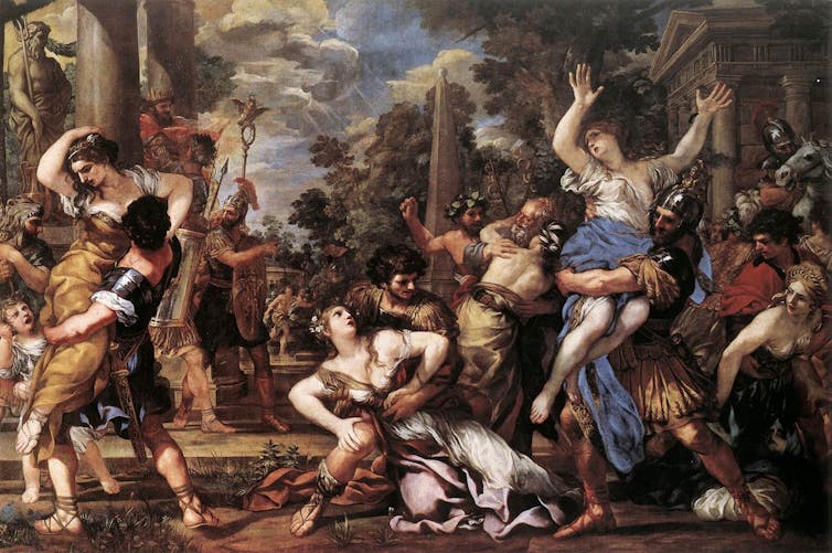 A painting depicts women being abducted by Romen men.