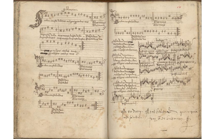 Page du Cancionero Musical de Palacio où est reproduit « Si abrá en este baldrés », avec des biffures ultérieures qui suppriment du texte toutes les occurrences des mots « pija » et « carajo »