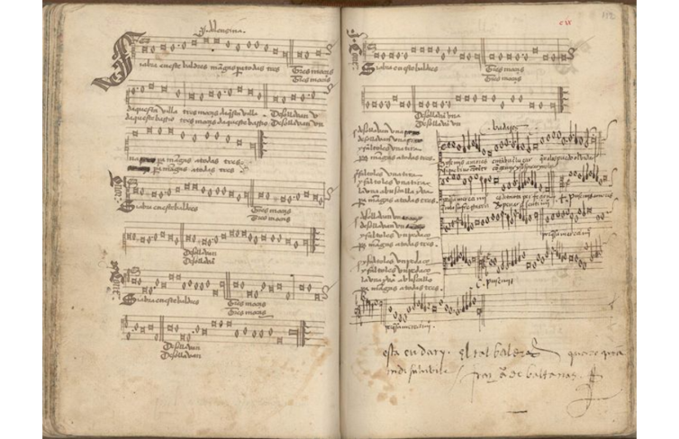 Página del _Cancionero Musical de Palacio_ en el que se reproduce 'Si abrá en este baldrés', con tachados posteriores que suprimen del texto todas las apariciones de las palabras 'pija' y 'carajo'.