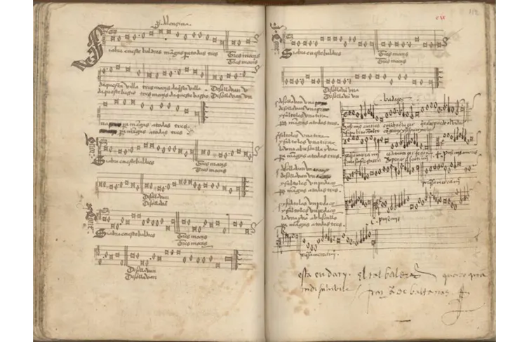 Página del _Cancionero Musical de Palacio_ en el que se reproduce 'Si abrá en este baldrés', con tachados posteriores que suprimen del texto todas las apariciones de las palabras 'pija' y 'carajo'.