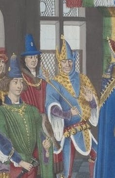 Pintura que retrata a un bufón riéndose en la coronación de un rey.