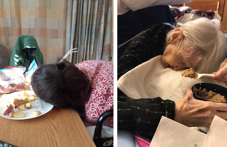 Side-by-side pictures of different nursing home residents asleep with their heads near dishes of food