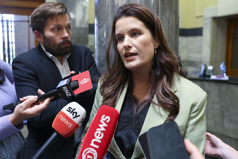 Nicola Willis speaking to the media