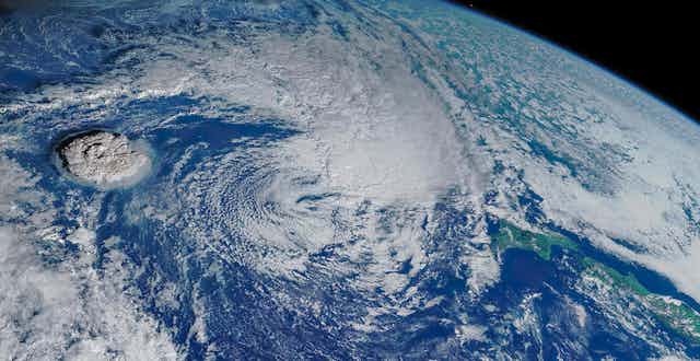 Image from space of the plume created by the eruption of the Hunga Tonga-Hunga Haʻapai volcano.