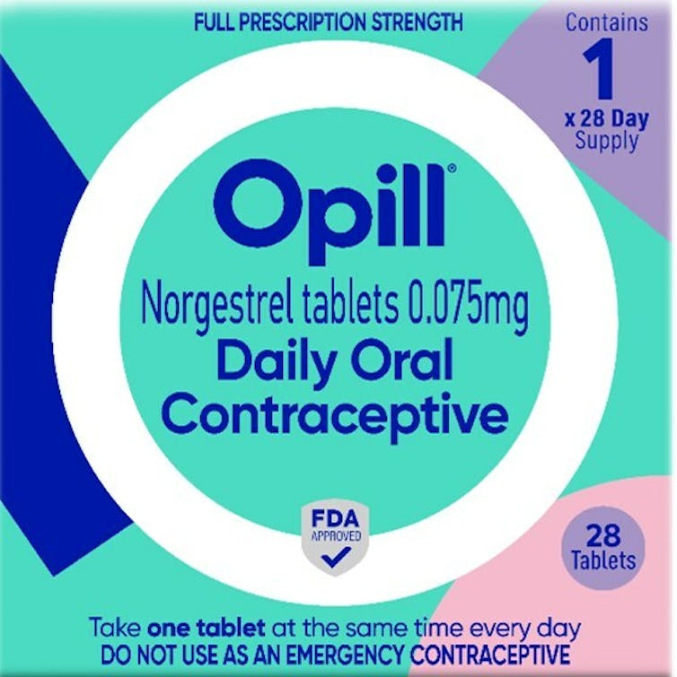 Front view of a box of Opill.