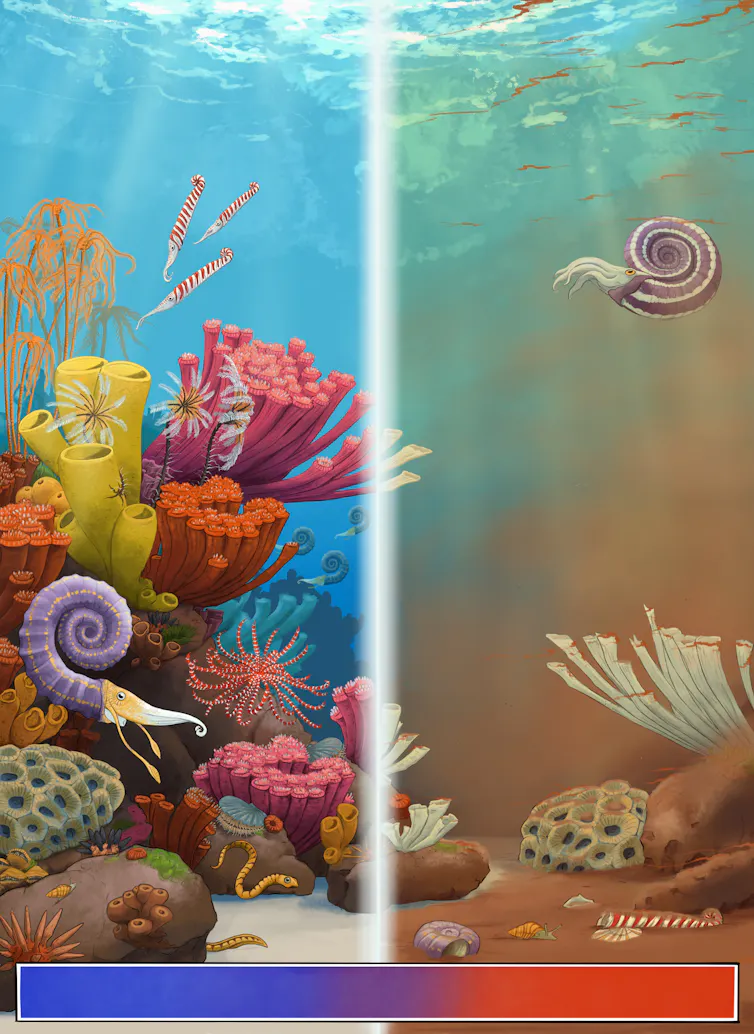 Artistic reconstruction of a late Triassic undersea scene before (left) and after (right) a climate change-related extinction event.