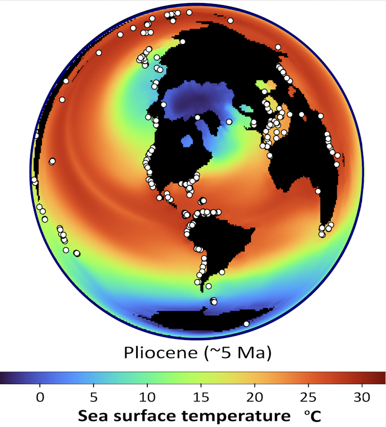 Example of a climate model used in our study, with continents in black and fossil occurrences as white dots.