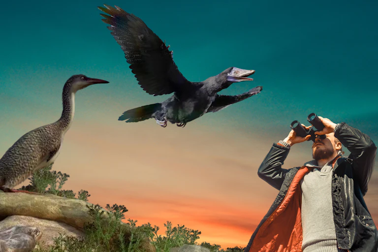 Montage of ancient birds and man holding binoculars to his face