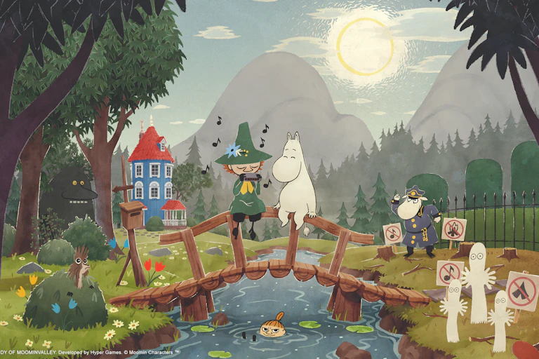 Snuffkin and Moomin in a still from the game.