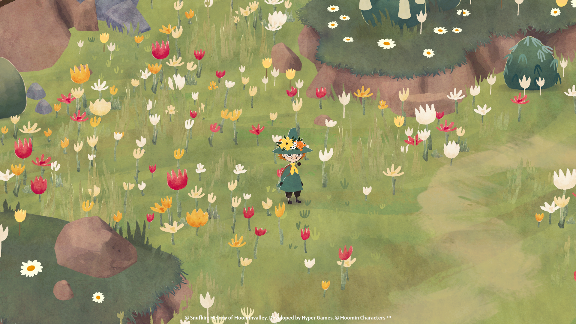 A screenshot from the game showing Snufkin in a field of flowers.