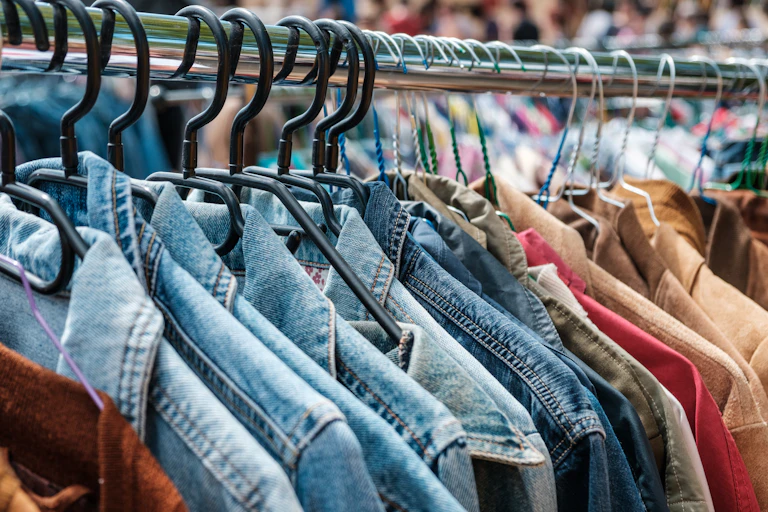 Denim jackets hanging in a store