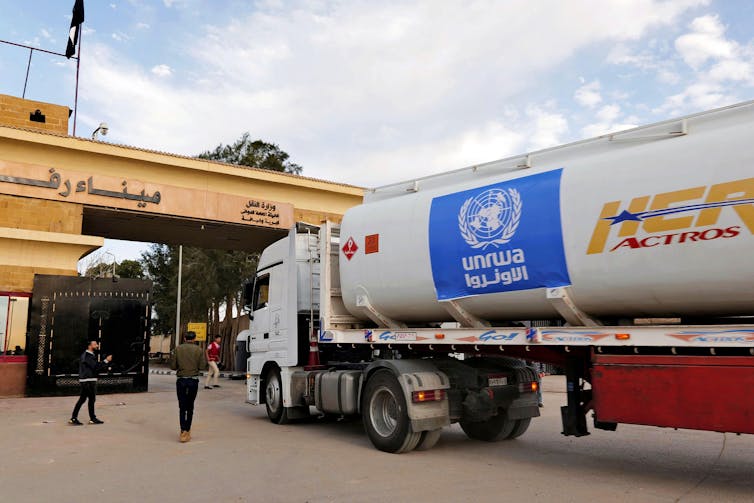 A fuel tanker waits to go through the Rafah crossing into Gaza.