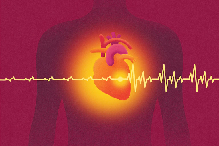Illustration of silhouette of chest with illuminated heart and ECG reading