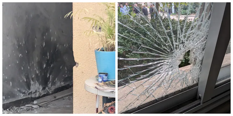 two photographs showing damage caused by weapons and fire to a wall and a window