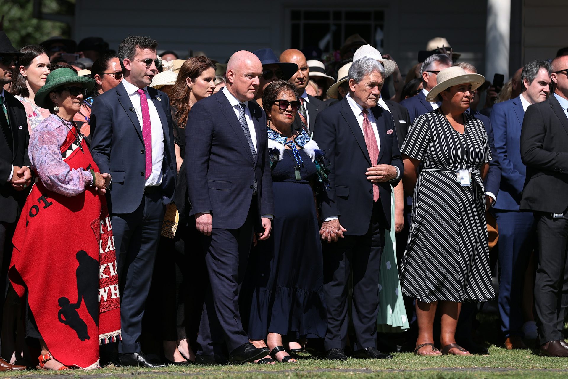 Rolling back the law: ACT's David Seymour, National's Christopher Luxon and NZ First's Winston Peters at Waitangi, 2024.