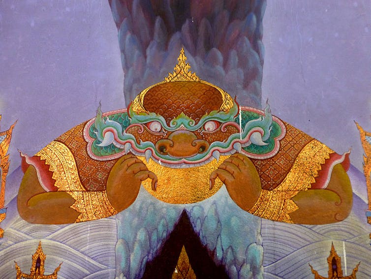 an illustration of a golden brown demon eating a yellow disc against a purple background