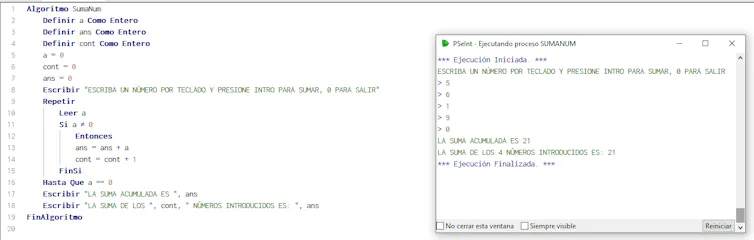 Representación en pseudolenguaje del programa 'SumaNum', sumatorio de números enteros recibidos por teclado.