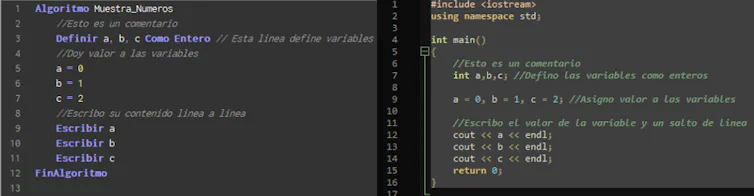 Representación en pseudolenguaje y C++ del programa 'Muestra Números'