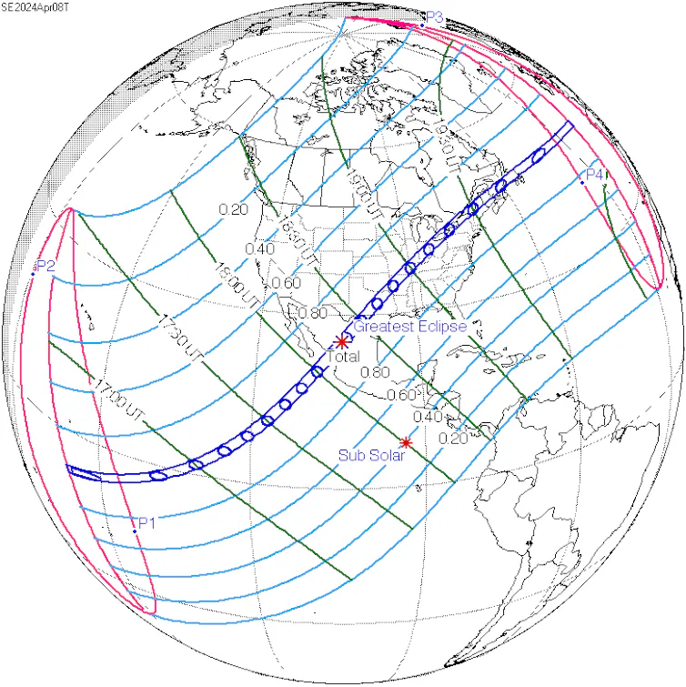 Diagram of solar eclipse path on Earth, stretching from Pacific Ocean, to Mexico diagonally NE to Maine