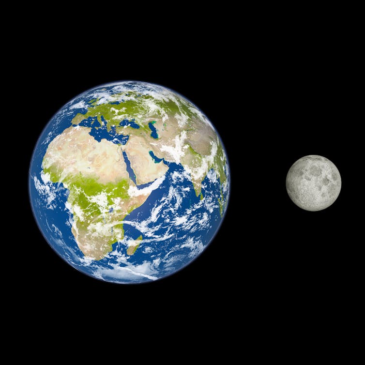 A photo showing the Earth next to the Moon. The Earth is much larger.