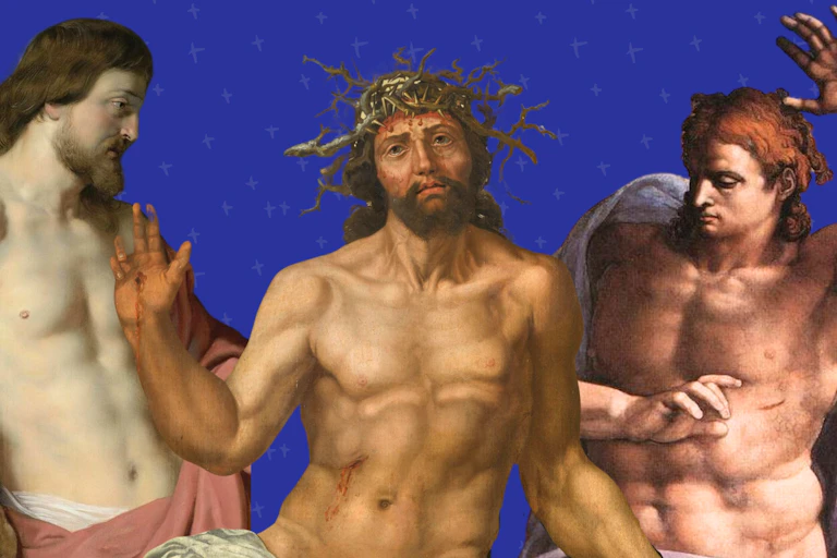 Three paintings of Jesus, each showing him with a six pack