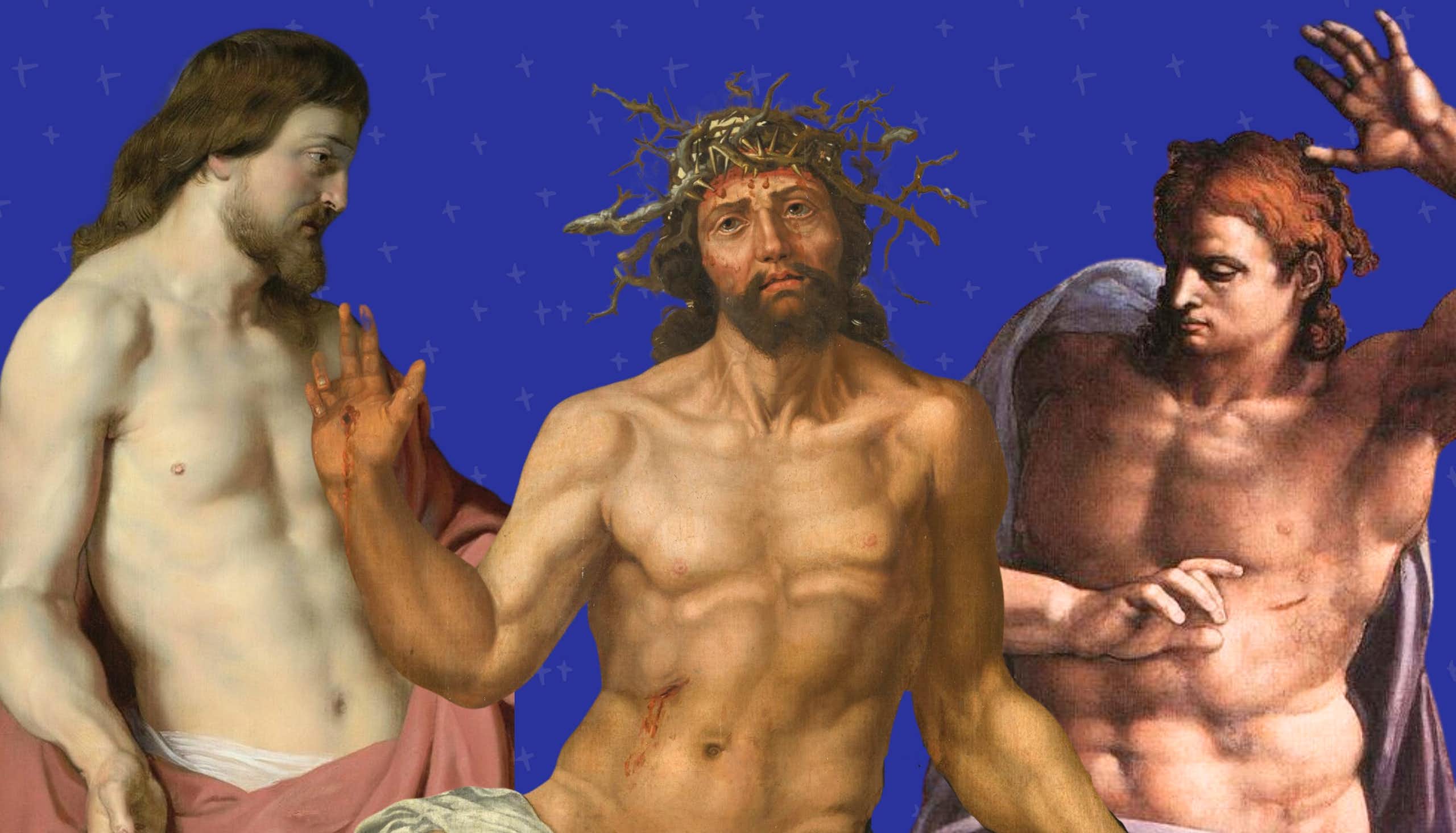 Three paintings of Jesus, each showing him with a six pack