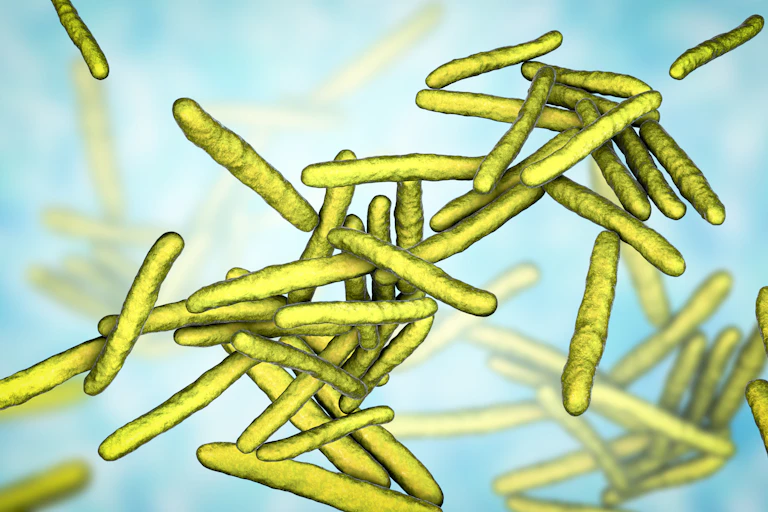 Computer illustration of rod-shaped leprosy-causing bacteria.