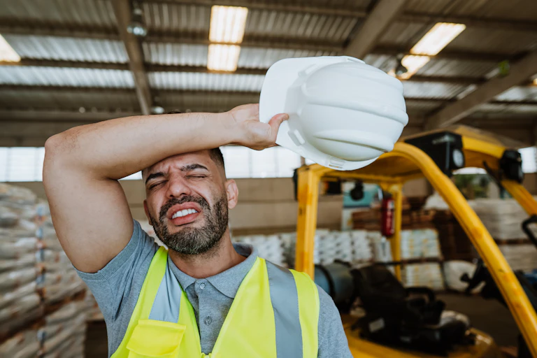 A warehouse worker wears a yellow safety vest and an expression of exhaustion.