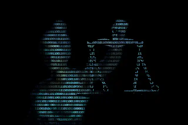 Lady Justice, made of computer code, holds up scales