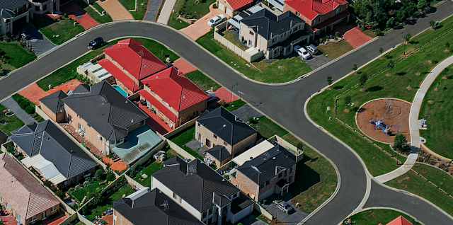 Aerial view showing rooftops of an Australian suburb