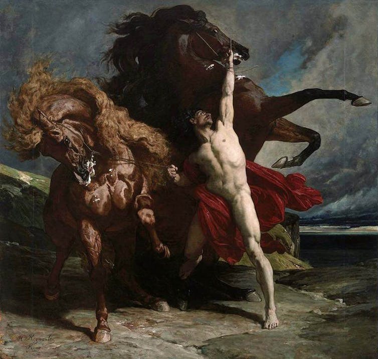 A painting of a Greek god with two horses.