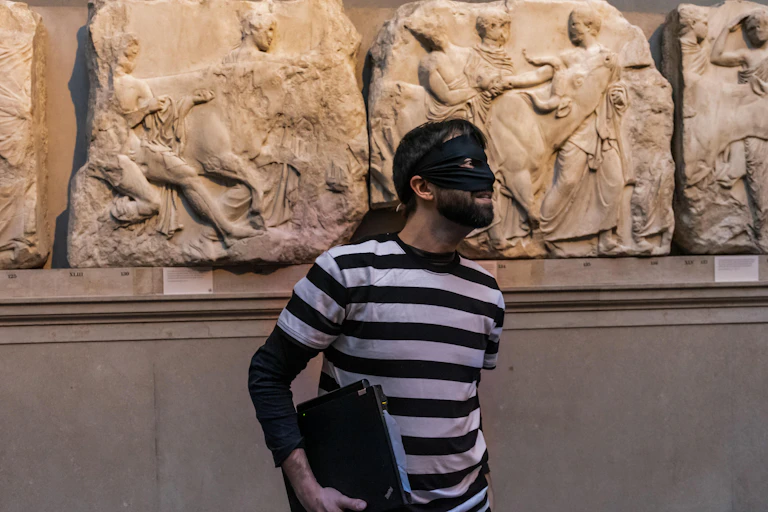 Man in a robber costume posing in front of objects in the British Museum