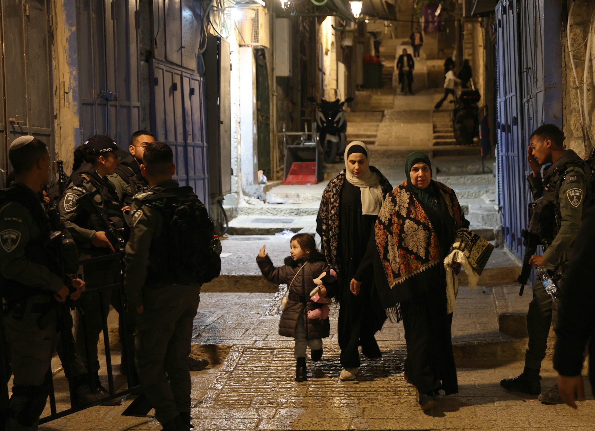 Israeli border forces patrol Jerusalem's Old City as Ramadan gets underway on the West Bank, March 11 2024.
