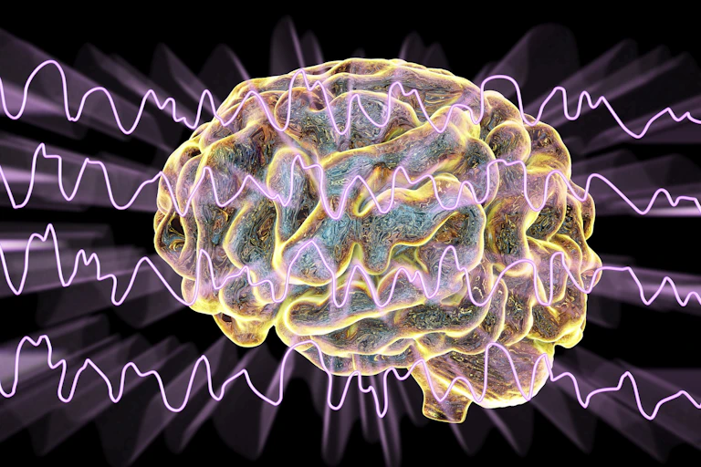 A computer illustration of brain and brain waves during sleep
