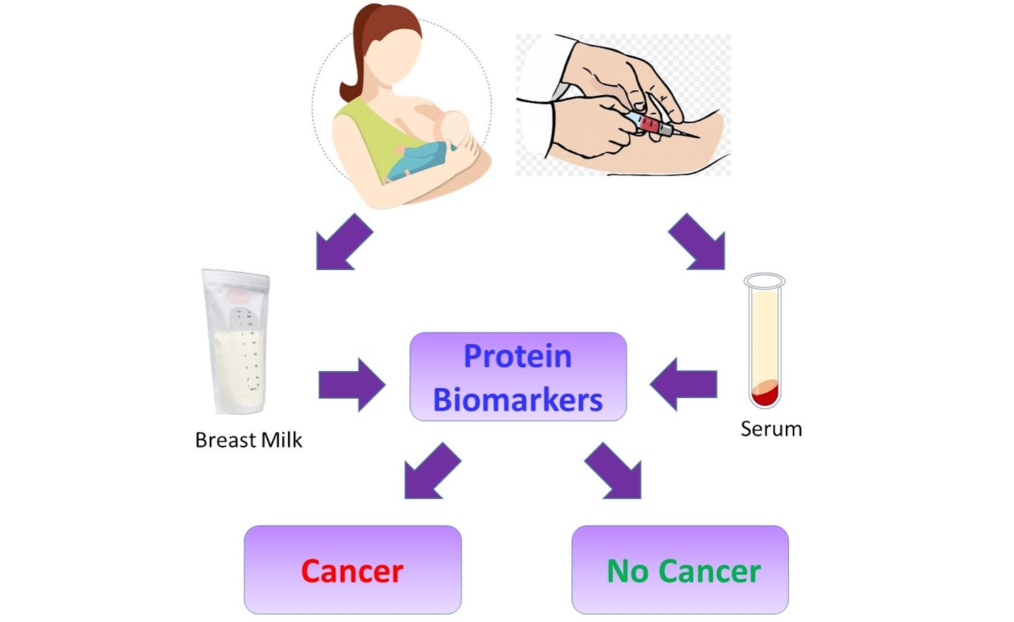 diagram showing nursing mother and breast milk bag, and a blood draw and test tube