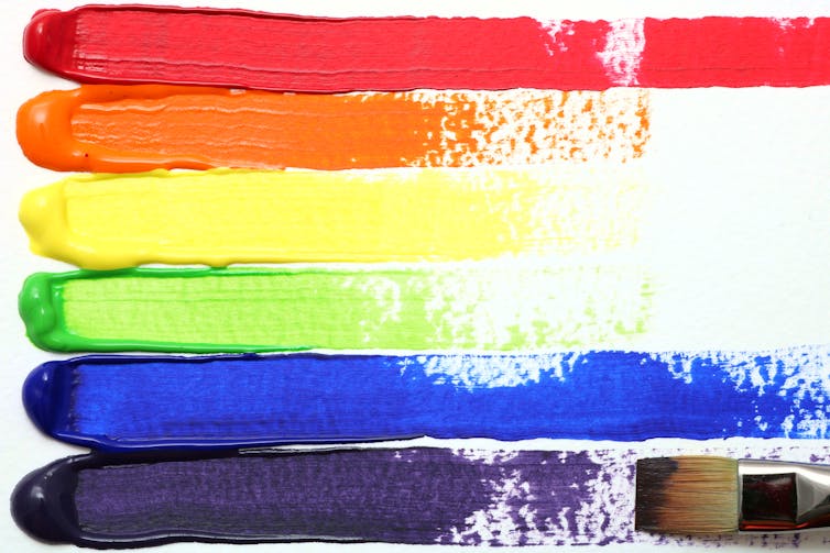 Painted stripes in the colours of the rainbow pride flag