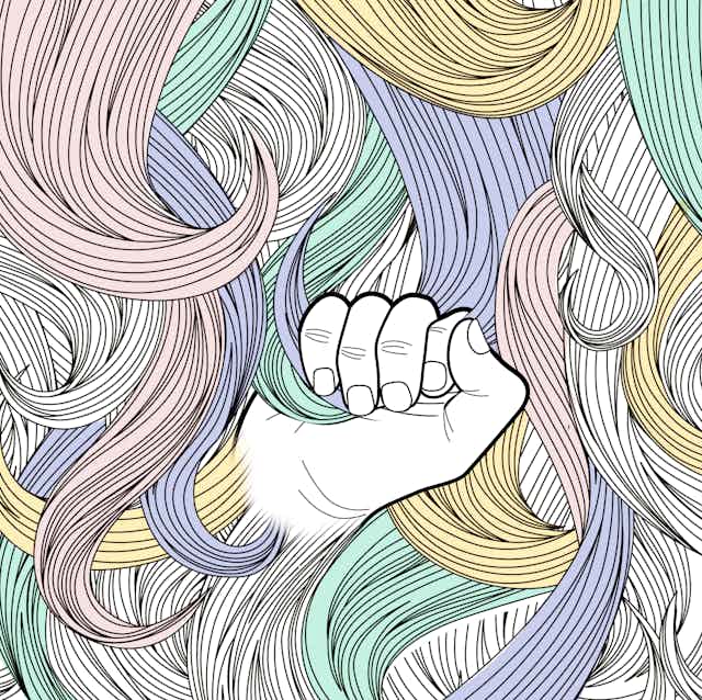 Drawing of a clutching hand emerging from tresses of hair