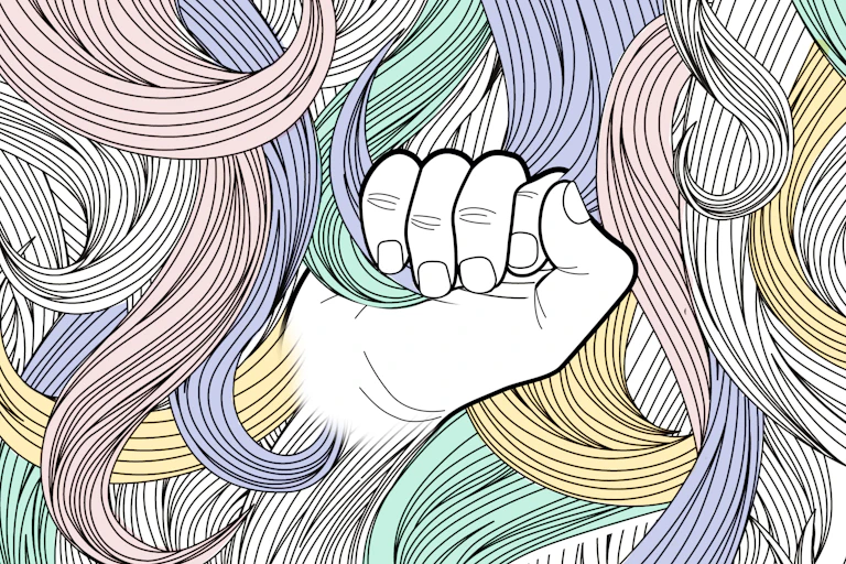 Drawing of a clutching hand emerging from tresses of hair