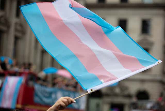 A transgender pride flag being waved