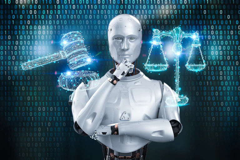 An AI robot has arms folded with a digital image of the scales of justice on one side and a judge's gavel on the other.
