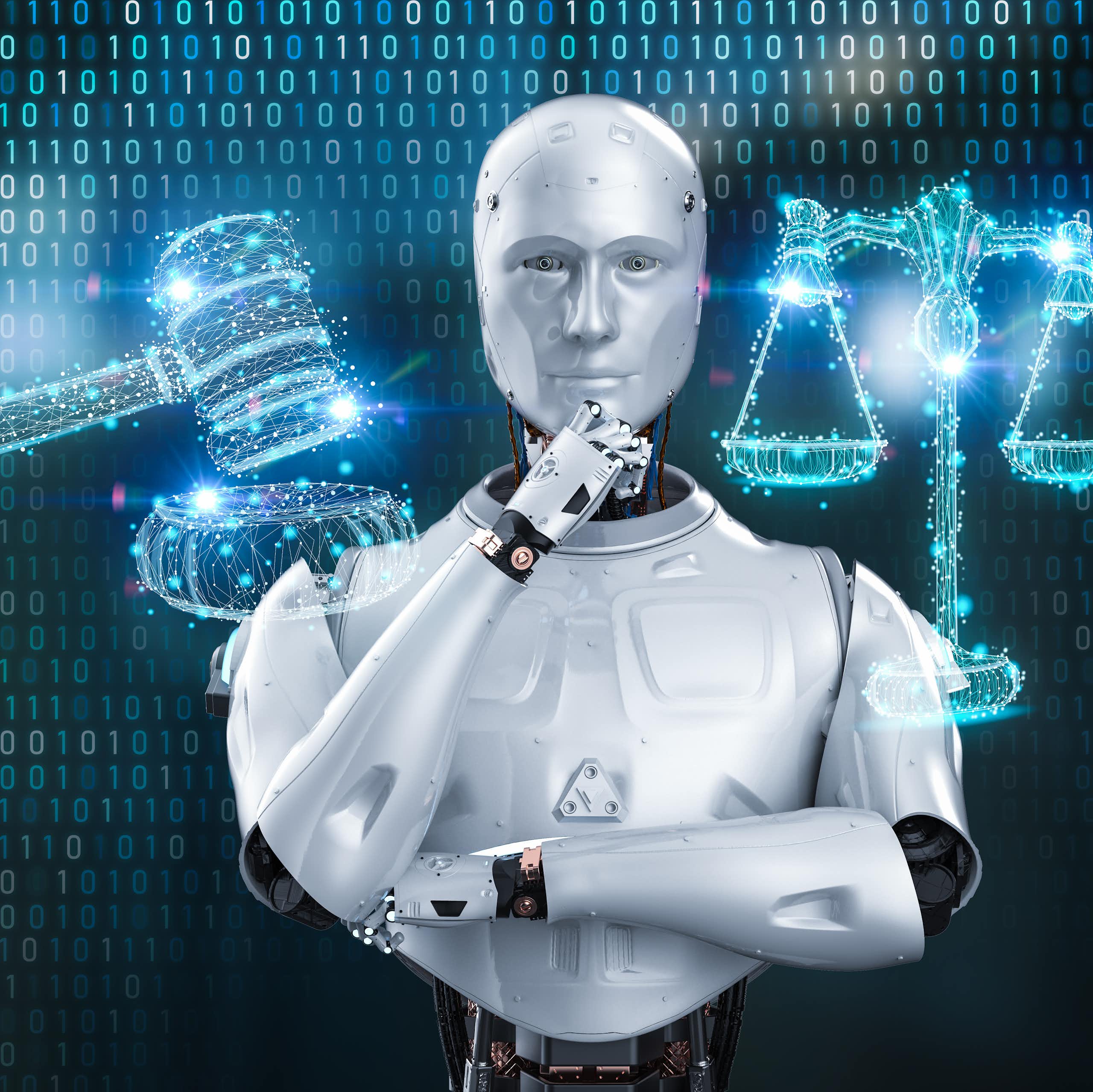 An AI robot has arms folded with a digital image of the scales of justice on one side and a judge's gavel on the other.