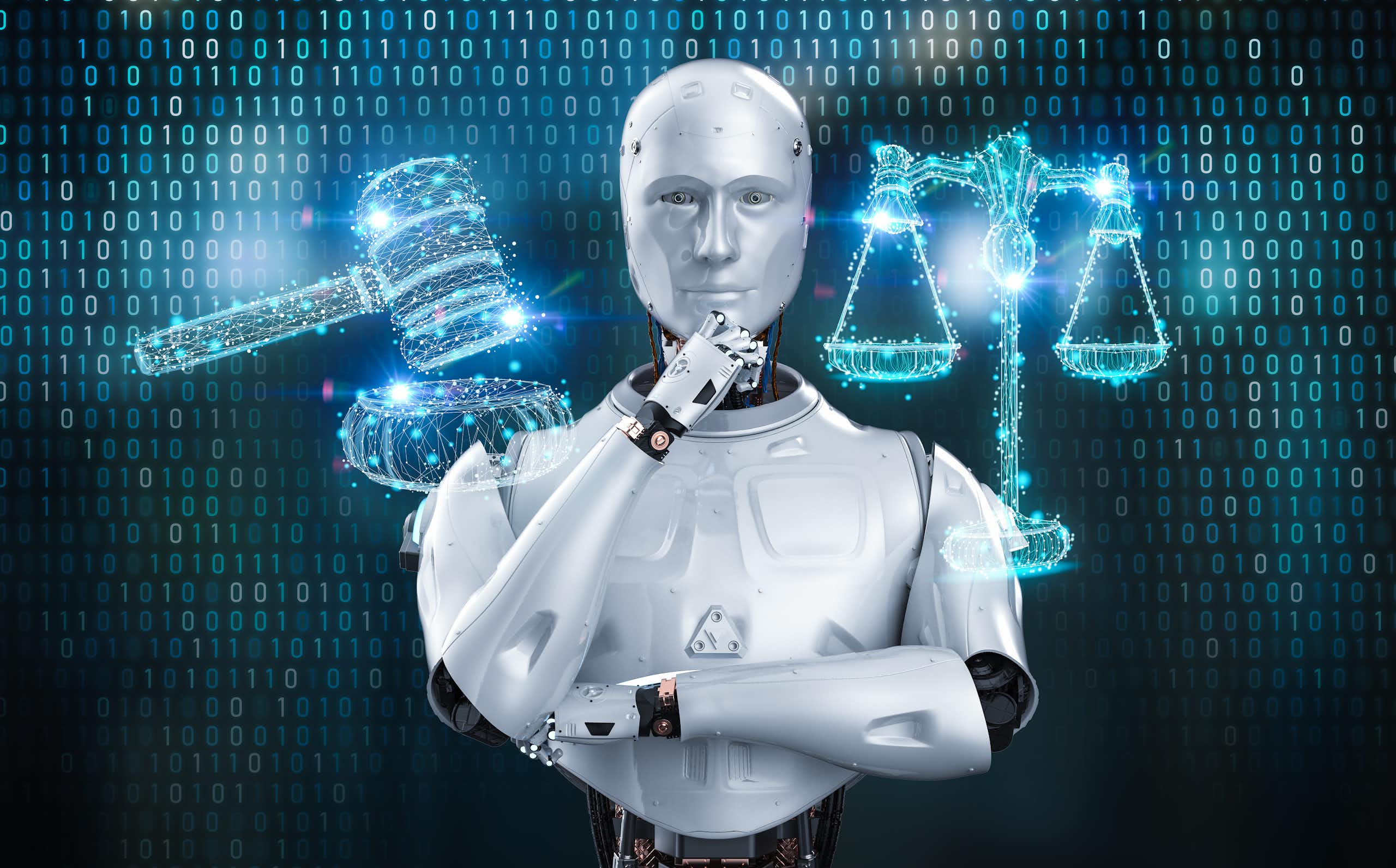 An AI robot has arms folded with a digital image of the scales of justice on one side and a judge's gavel on the other.